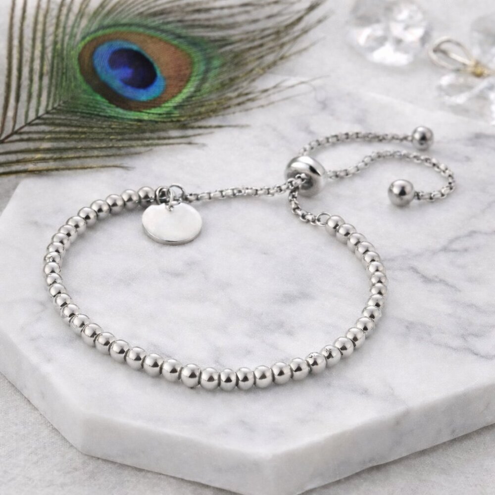 18K White Gold Plated Stainless Steel Beaded Bolo Bracelet Adjustable 9" Gift